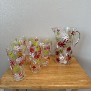 Christmas Vintage Snowflake Pitcher & Glasses Clear Tumbler Set‎ Of 6 Drinkwear